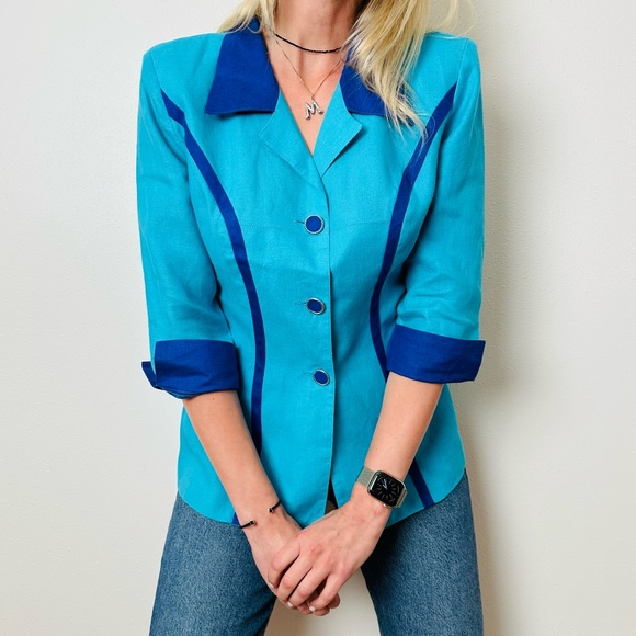 Vintage Hernandez 100% linen button down padded shoulders blazer blouse top - Picture 3 of 8